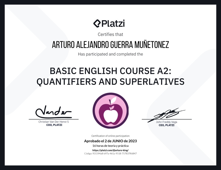 Diploma del Curso de Inglés Básico A2: Cuantificadores y Superlativos