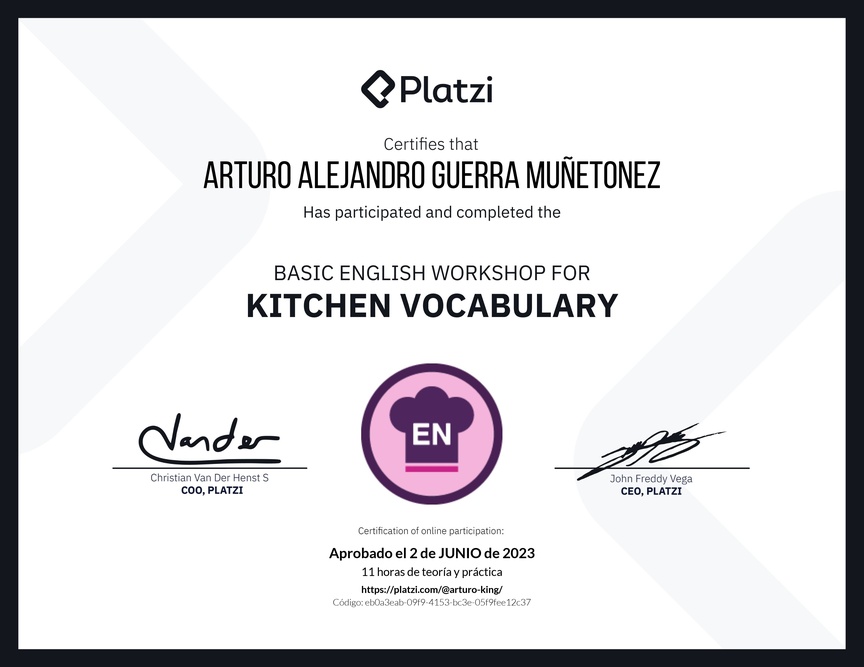 Diploma del Curso de Inglés Práctico sobre Vocabulario de Cocina