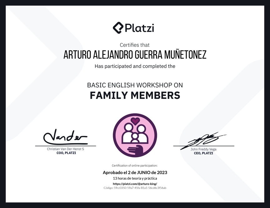 Diploma del Curso de Inglés Práctico sobre los Miembros de la Familia