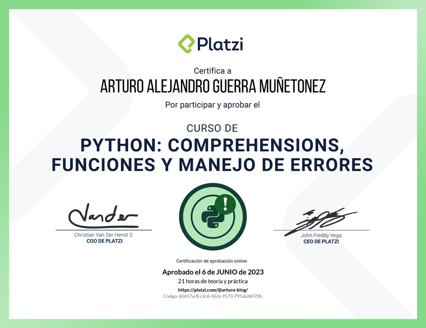 Diploma del Curso de Python: Comprehensions, Funciones y Manejo de Errores