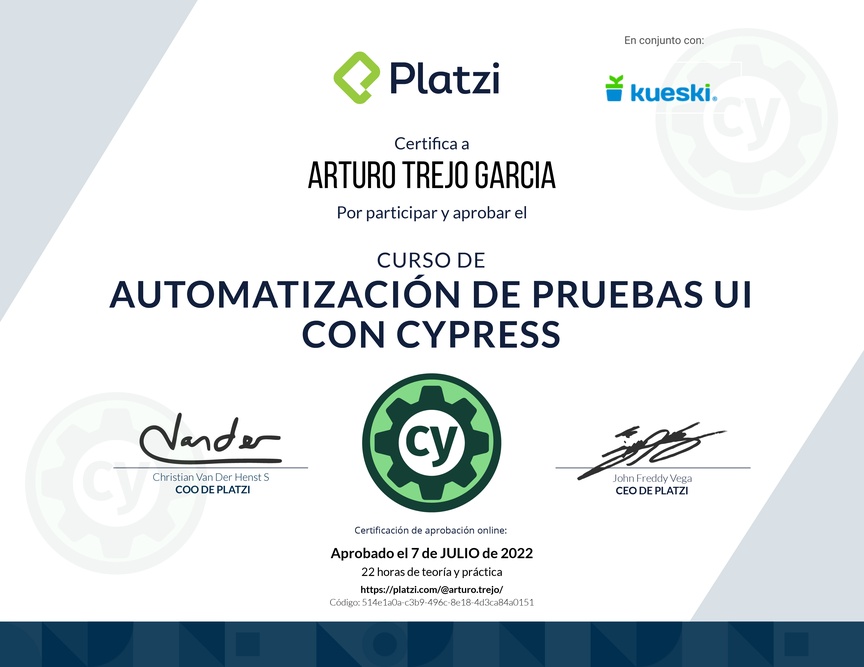 Diploma del Curso de Automatización de Pruebas UI con Cypress