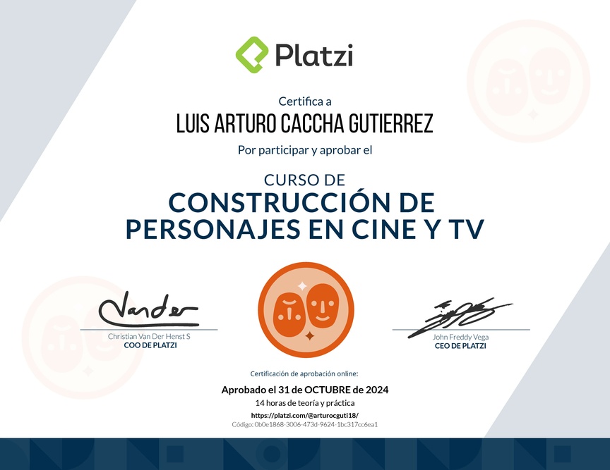 Diploma del Curso de Construcción de Personajes en Cine y TV