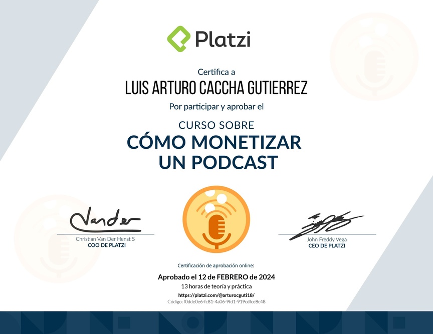 Diploma del Curso sobre Cómo Monetizar un Podcast