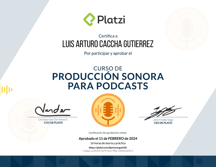 Diploma del Curso de Producción Sonora para Podcasts