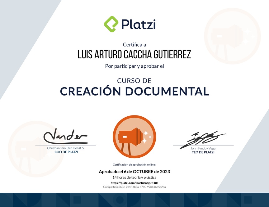 Diploma del Curso para Crear Contenido con Enfoque Documental