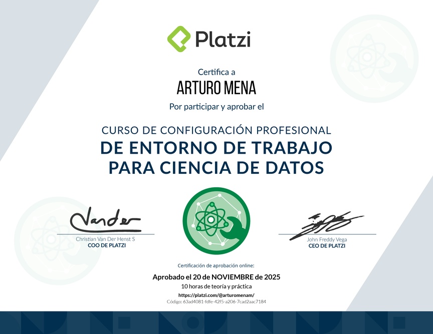 Diploma del Curso de Configuración Profesional de Entorno de Trabajo para Ciencia de Datos