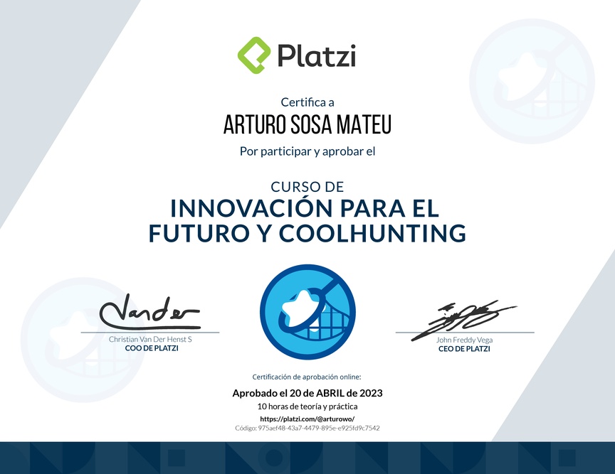 Diploma del Curso de Innovación para el Futuro y Coolhunting