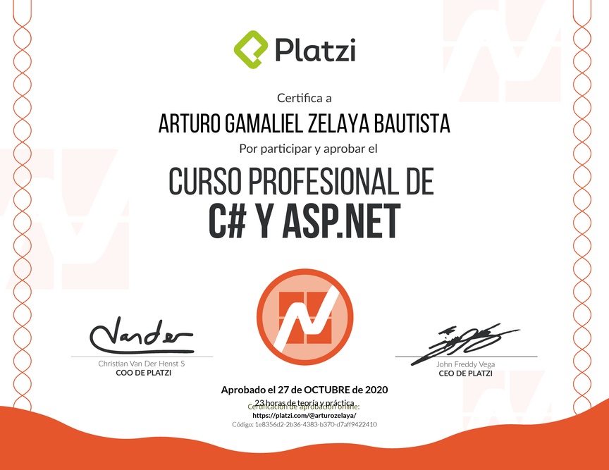 Diploma del Curso Profesional de C# y ASP.Net 2016