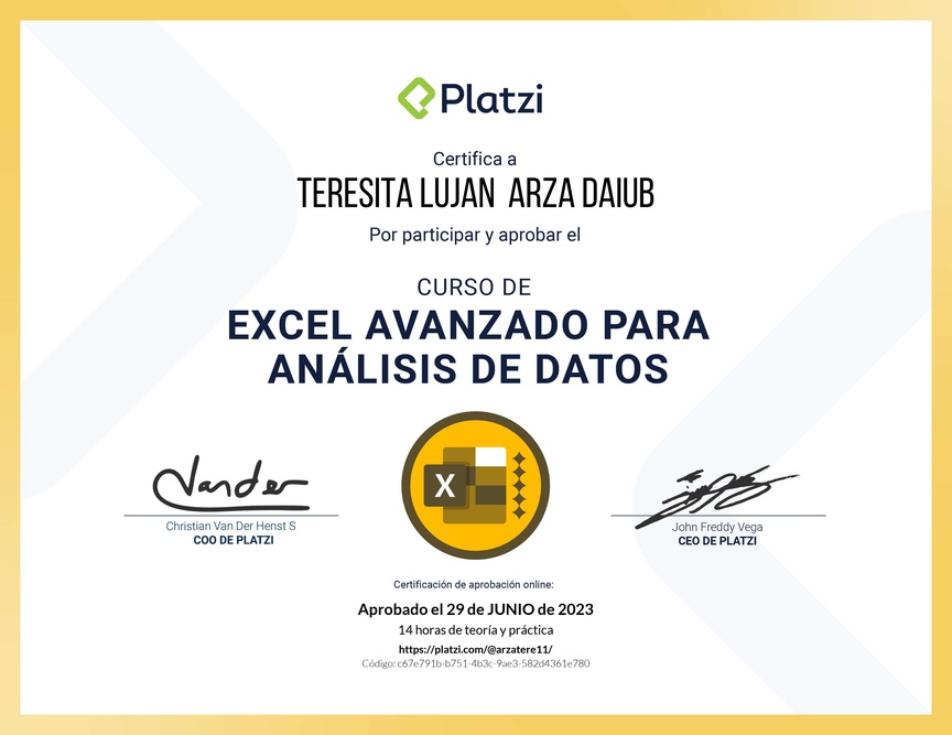 Diploma del Curso de Excel Avanzado para Análisis de Datos