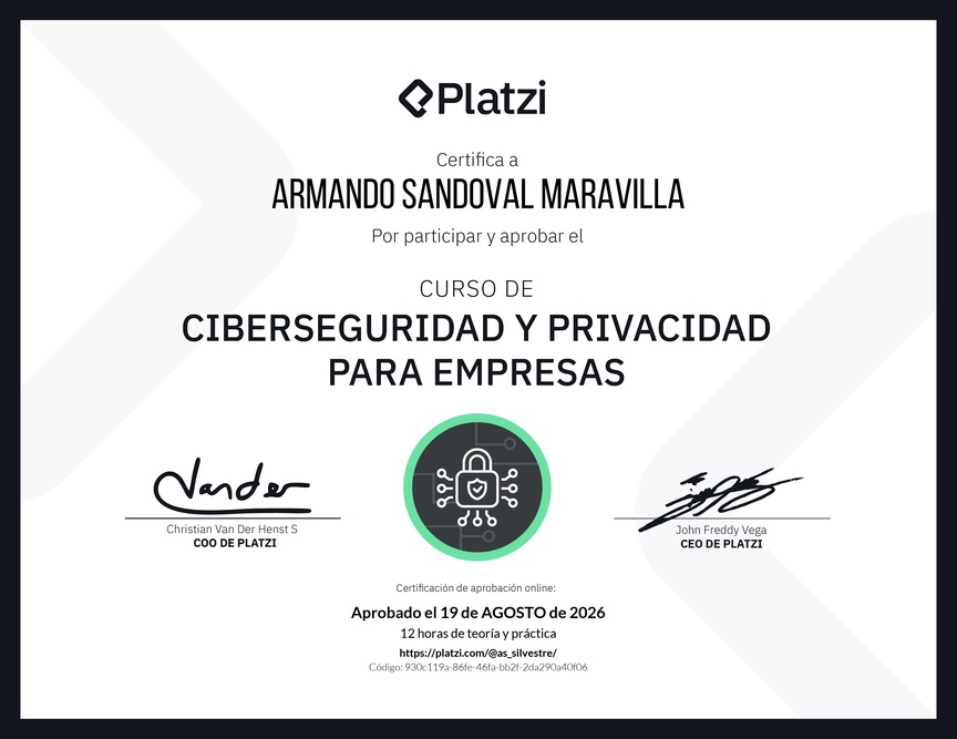 Diploma del Curso de Ciberseguridad y Privacidad para Empresas