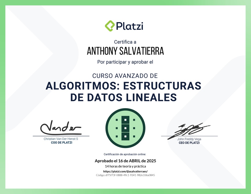 Diploma del Curso de  Algoritmos Avanzados: Estructuras de Datos Lineales