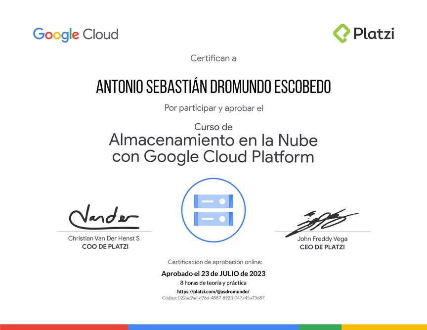 Diploma del Curso de Almacenamiento en la Nube con Google Cloud Platform