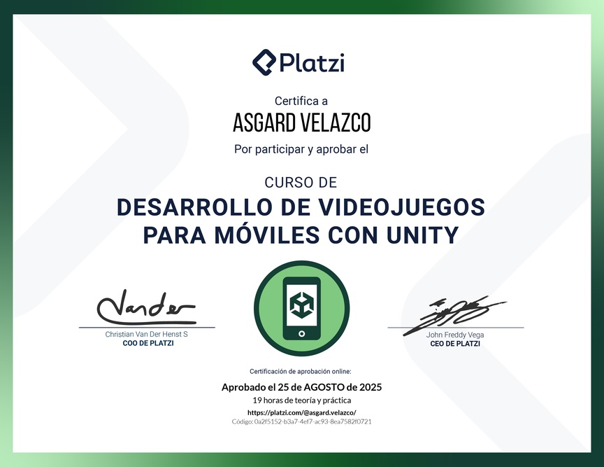 Diploma del Curso de Desarrollo de Videojuegos Móviles con Unity
