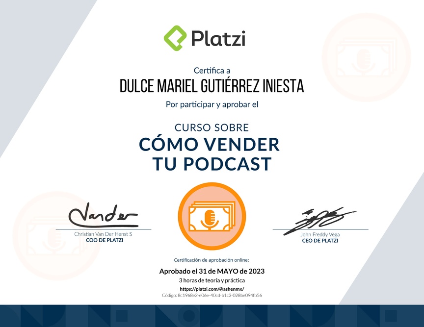 Diploma del Curso sobre Cómo Vender tu Podcast