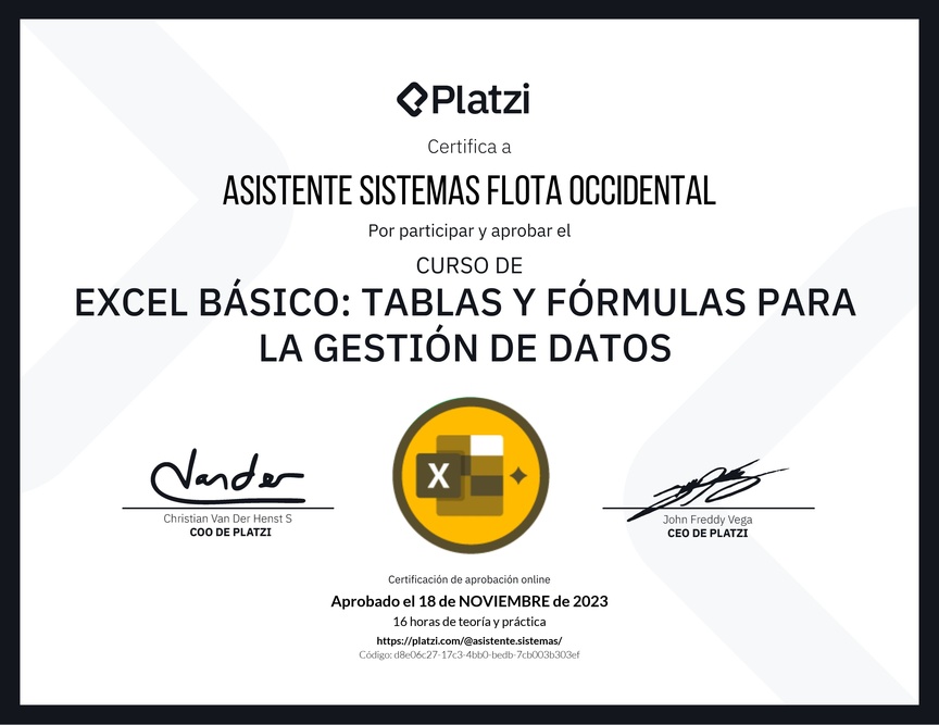Diploma del Curso de Excel Básico: Tablas y Fórmulas para la Gestión de Datos