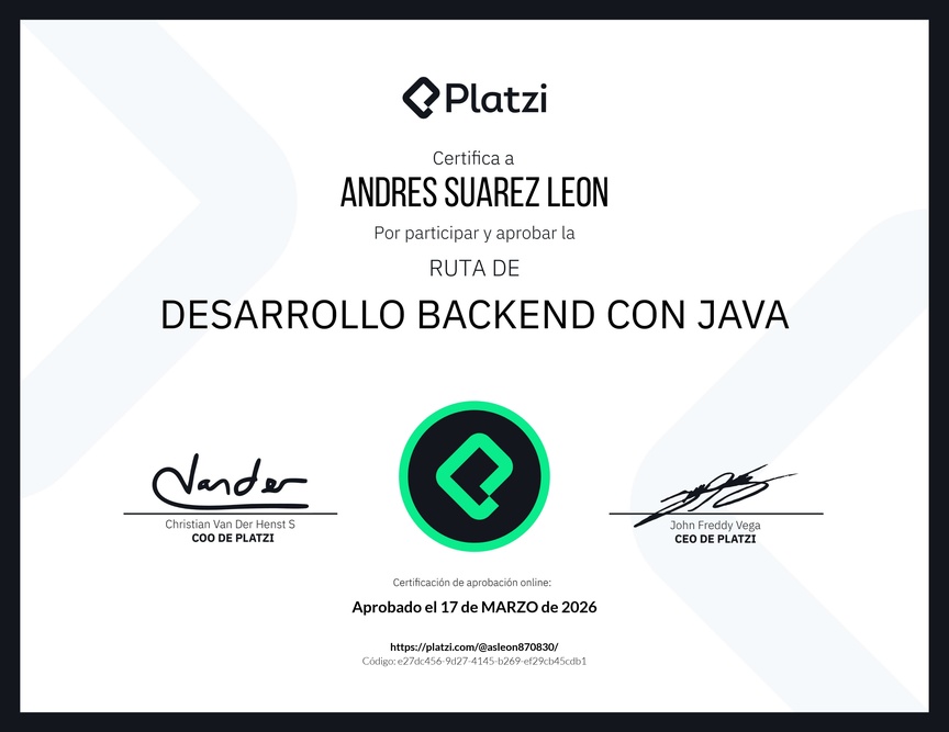 Diploma de la Ruta de Aprendizaje de Desarrollo Backend con Java