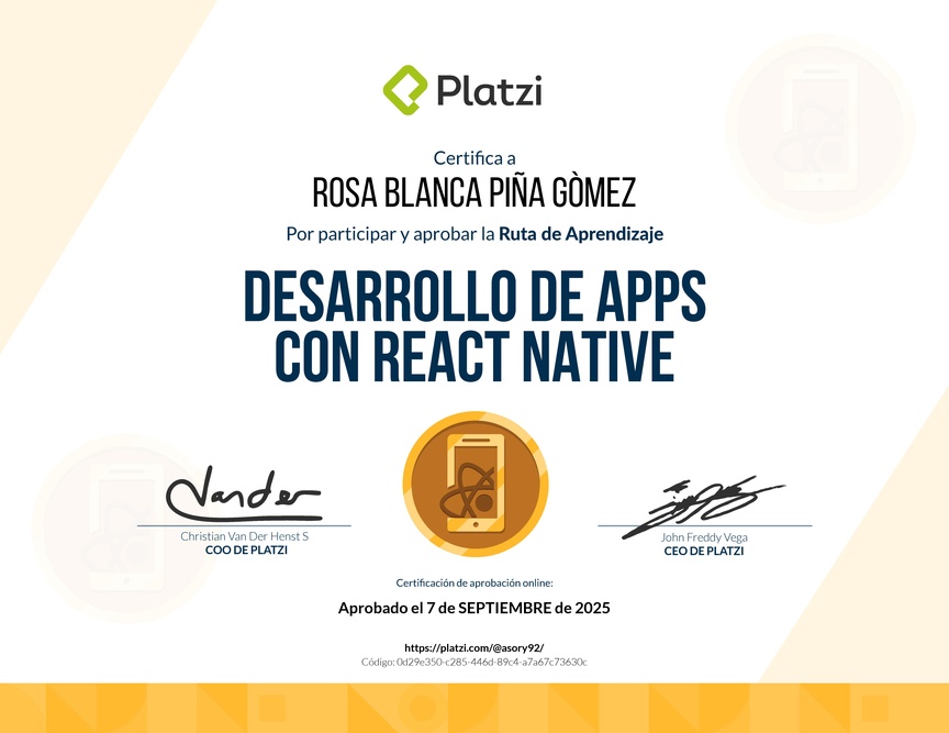Diploma de la Ruta de Aprendizaje de Desarrollo de Apps con React Native
