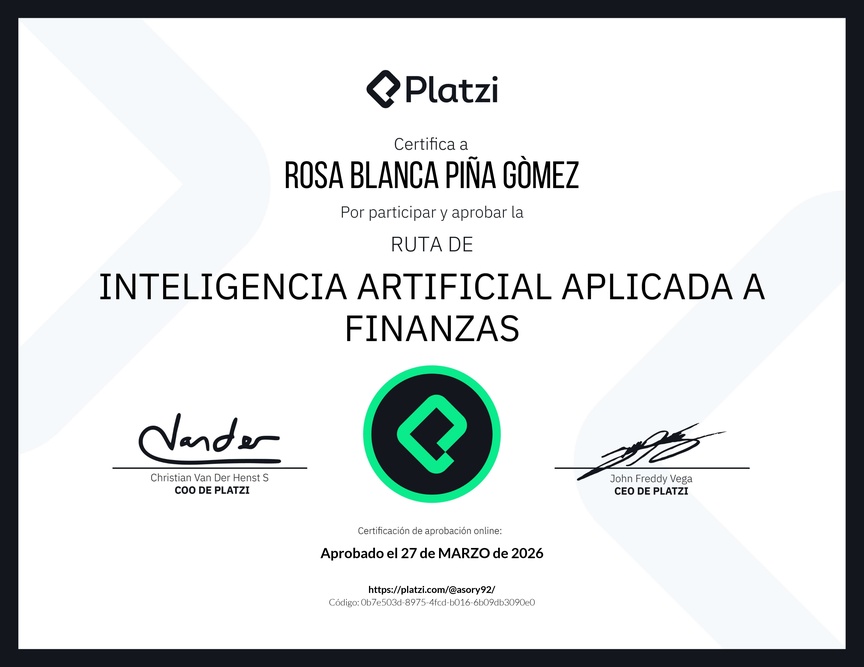 Diploma de la Ruta de Aprendizaje de Inteligencia Artificial Aplicada a Finanzas