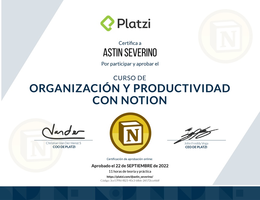 Diploma del Curso de Organización y Productividad con Notion (2021)