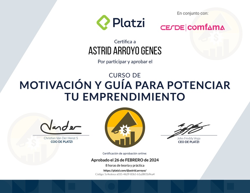 Diploma del Curso de Motivación y Guía para Potenciar tu Emprendimiento