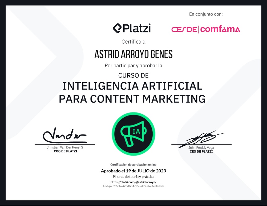 Diploma del Curso de Inteligencia Artificial para Content Marketing