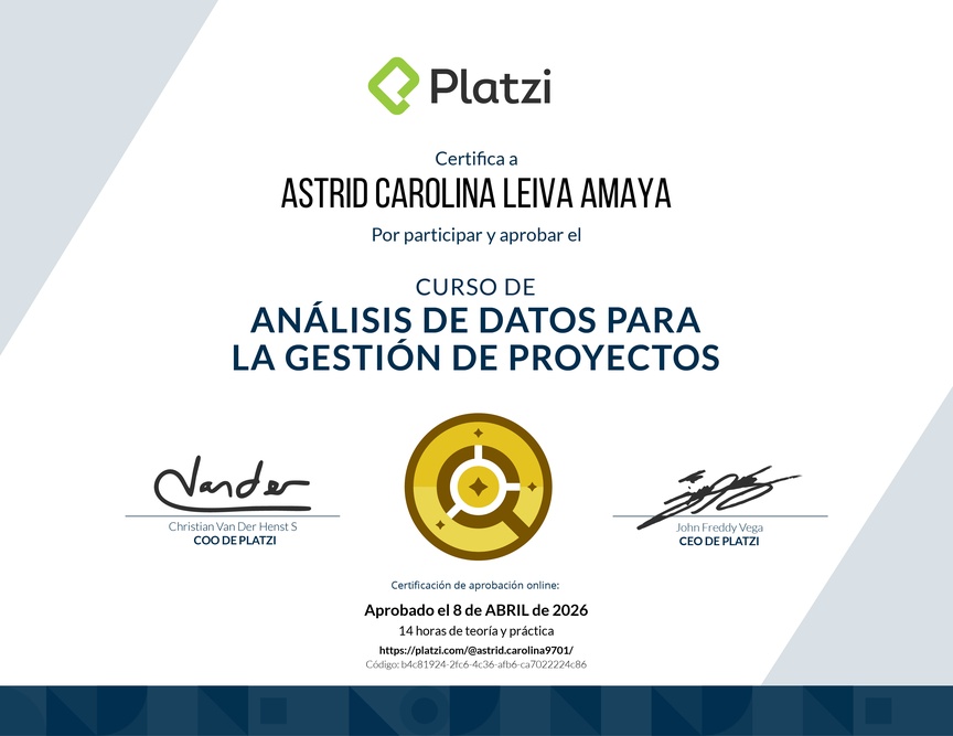 Diploma del Curso de Análisis de Datos para la Gestión de Proyectos