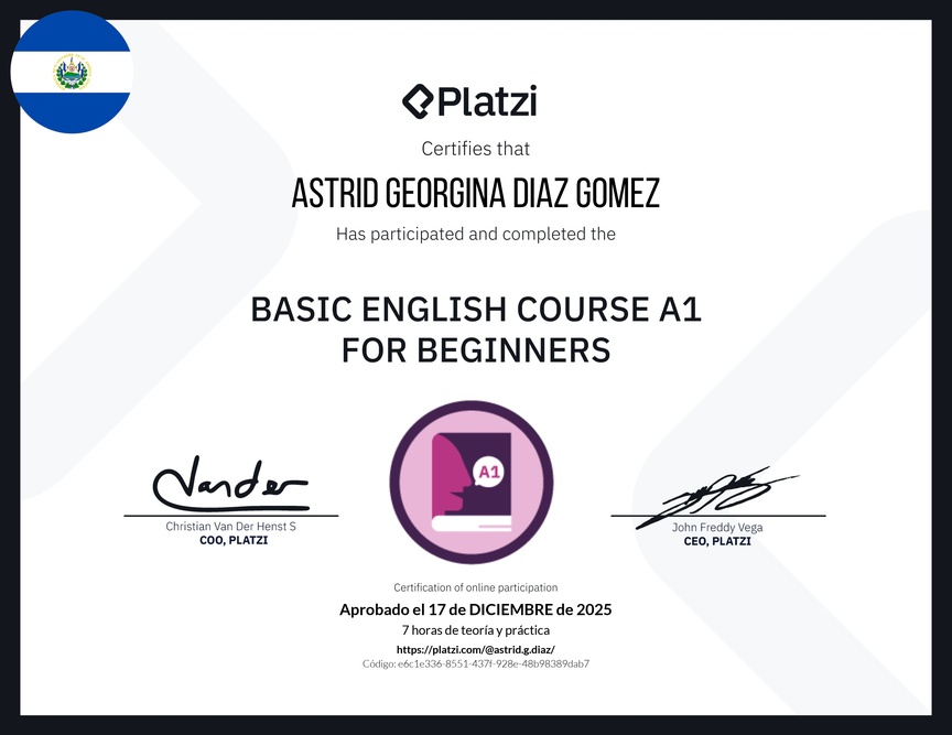 Diploma del Curso de Inglés Básico A1 para Principiantes