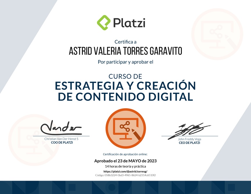 Diploma del Curso de Estrategia y Creación de Contenido Digital