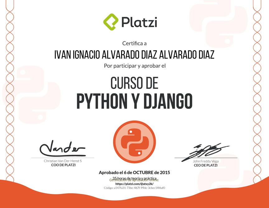 Diploma del Curso de Python y Django 2015