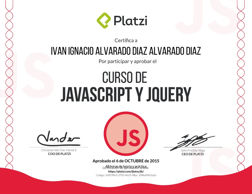 Diploma del Curso de Javascript y JQuery Febrero 2015
