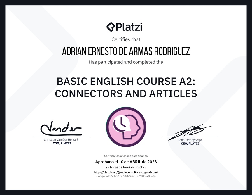 Diploma del Curso de Inglés Básico A2: Conectores y Artículos