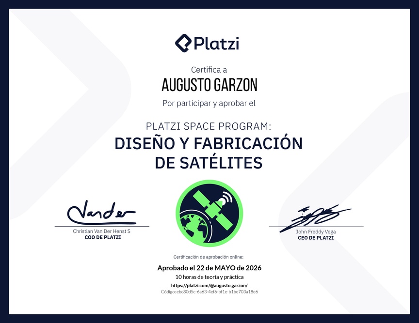 Diploma de Platzi Space Program: Diseño y Fabricación de Nuestro Satélite