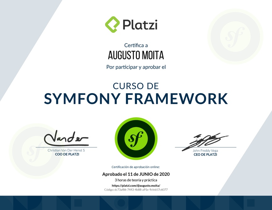 Diploma del Curso de Symfony Framework