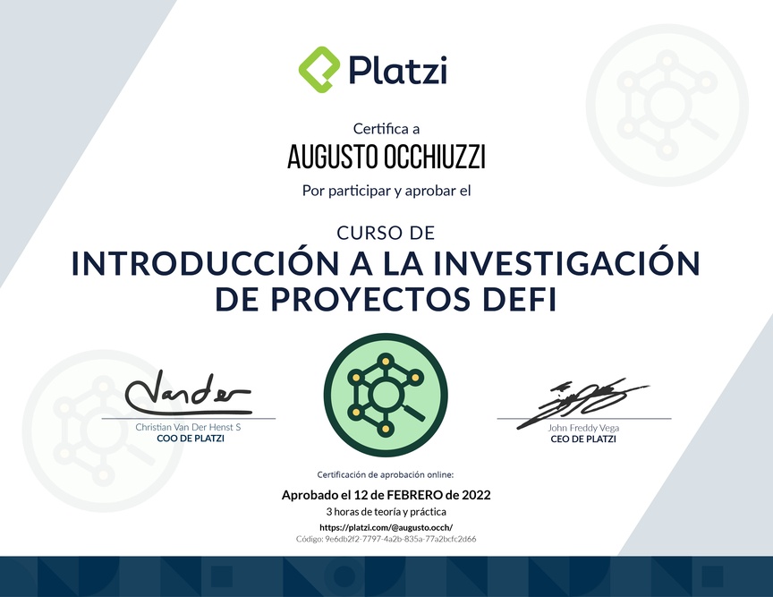 Diploma de Minicurso de Introducción a la Investigación de Proyectos DeFi