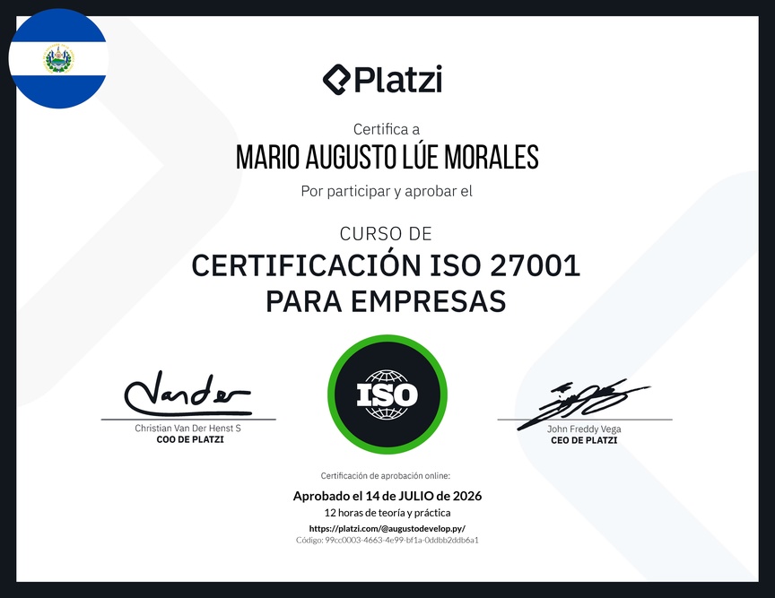 Diploma del Curso de Certificación ISO 27001 para Empresas