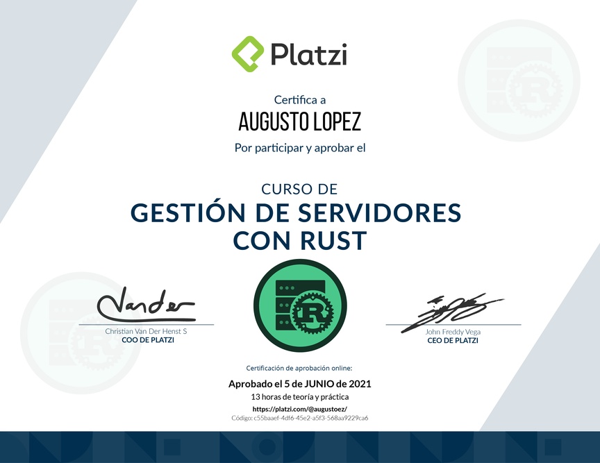Diploma del Curso de Gestión de Servidores con Rust