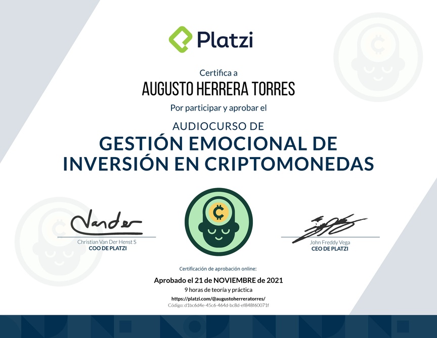 Diploma de Audiocurso de Gestión Emocional de Inversión en Criptomonedas