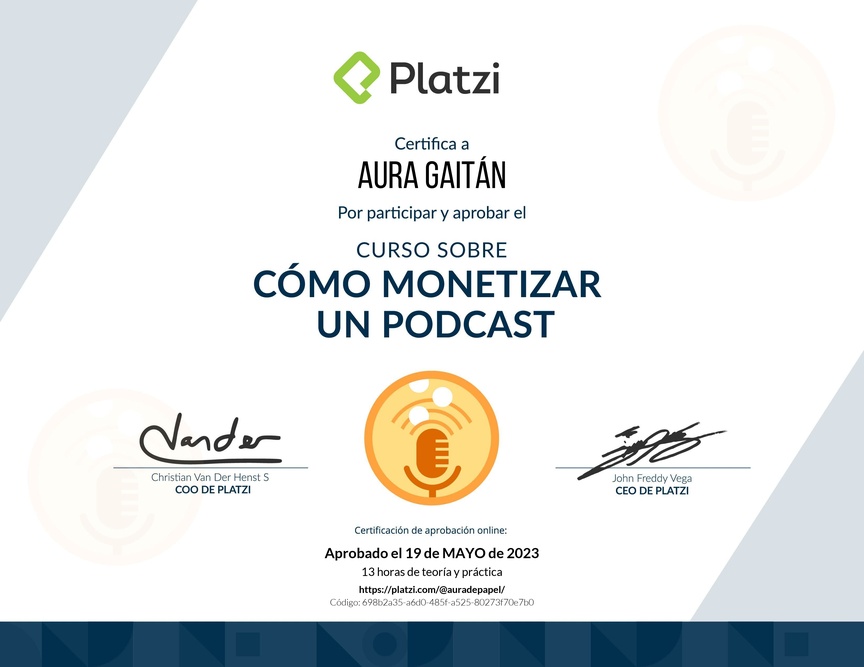 Diploma del Curso sobre Cómo Monetizar un Podcast