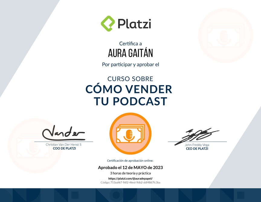 Diploma del Curso sobre Cómo Vender tu Podcast