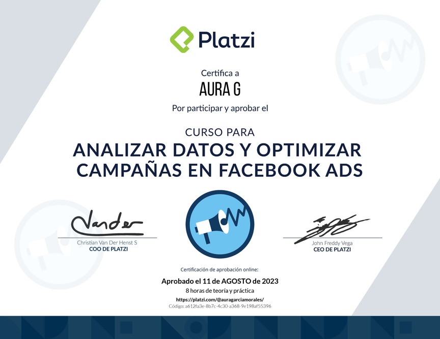 Diploma del Curso para Analizar Datos y Optimizar Campañas en Facebook Ads