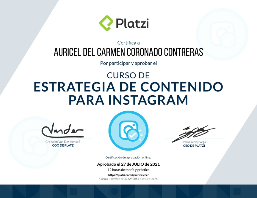 Diploma del Curso de Estrategia de Contenido para Instagram