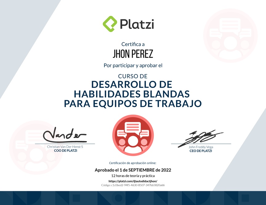 Diploma del Curso de Desarrollo de Habilidades Blandas para Equipos de Trabajo