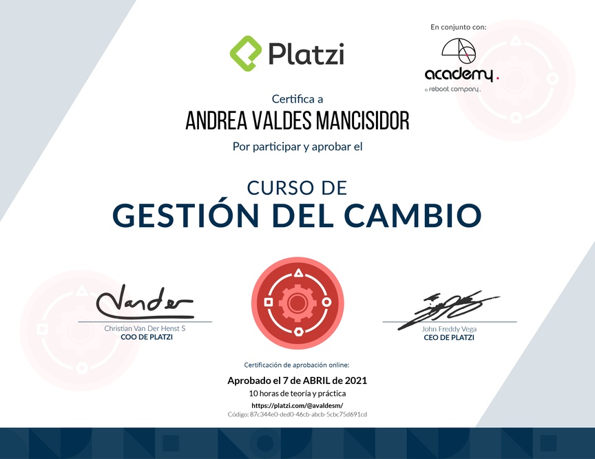 Diploma del Curso de Gestión del Cambio para Empresas