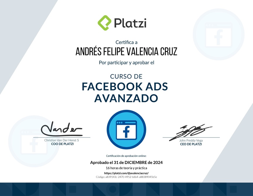 Diploma del Curso de Facebook Ads Avanzado
