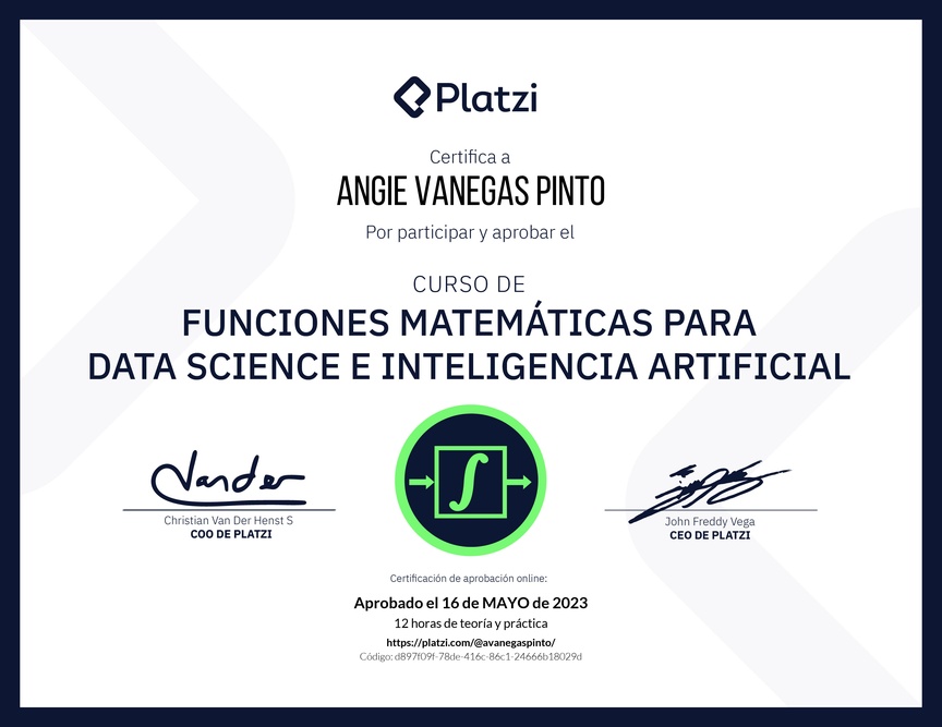 Diploma del Curso de Funciones Matemáticas para Data Science e Inteligencia Artificial