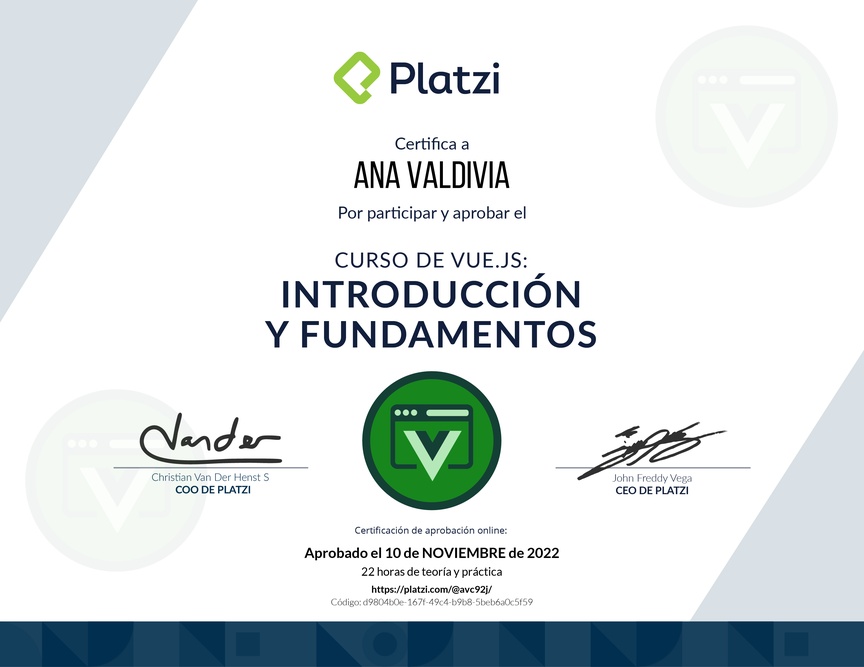 Diploma del Curso de Vue.js: Introducción y Fundamentos