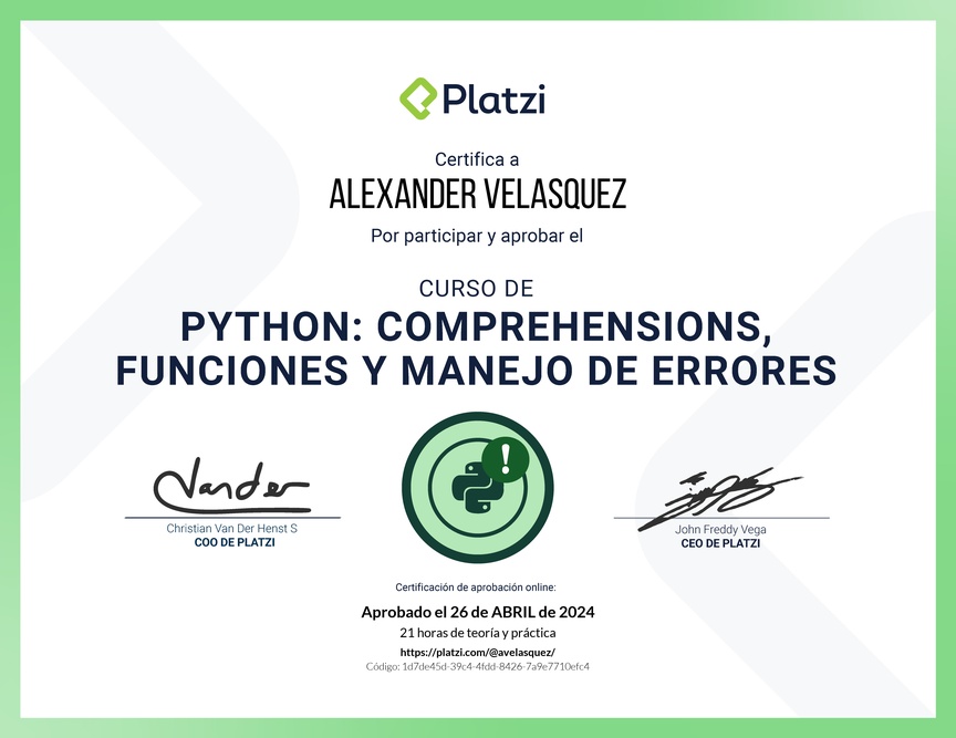 Diploma del Curso de Python: Comprehensions, Funciones y Manejo de Errores