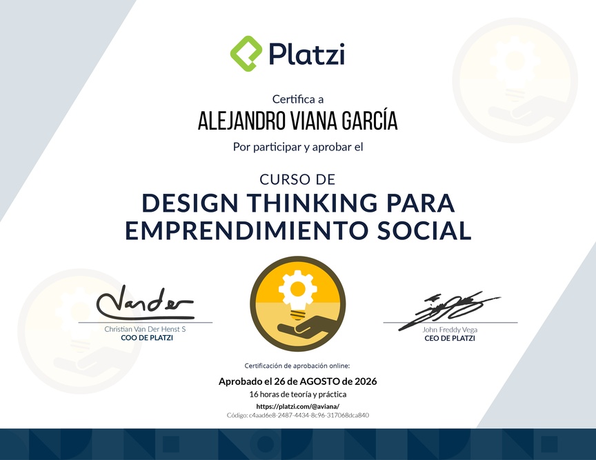 Diploma del Curso de Innovación para Empredimiento Social Usando Design Thinking y MVPs