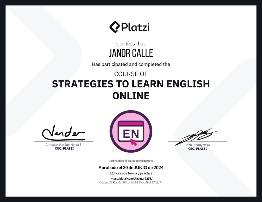 Diploma del Curso Gratis de Estrategias para Aprender Inglés en Línea