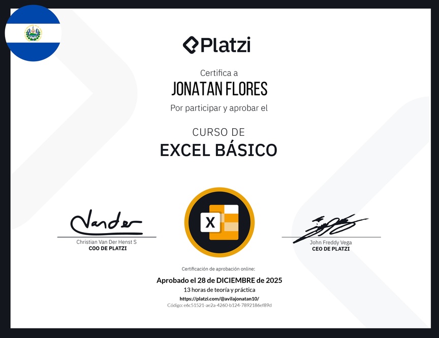 Diploma del Curso de Excel Básico